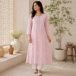 Elegant Light Pink Hand Embroidered Lucknowi Chikankari Anarkali <b>Kurti</b> - Cotton Ethnic Tunic Wholesale <b>Indian</b> Wear Collection - Product Image 1