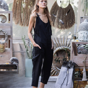 Combinaison en lin noir pour femmes, sans manches, ajustée, sexy, confortable, avec poches, tenue d'été, cadeau pour femmes - Product Image 1