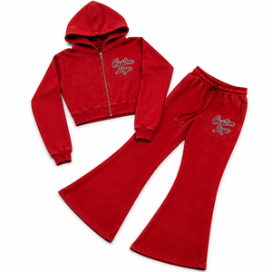 Women Solid Short Cropped Zip Hoodie Flare Sweatpants <b>Set</b> Heavyweight Cotton Fleece Sports Wear Tracksuit Casual Streetwear Two - Product Image 1