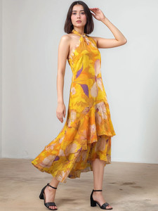 Vestido Midi Largo Formal para Mujer, Diseño Floral, Algodón, Personalizado, Sin Mangas, Estampado Floral, Cuello Halter, con Volantes - Product Image 2