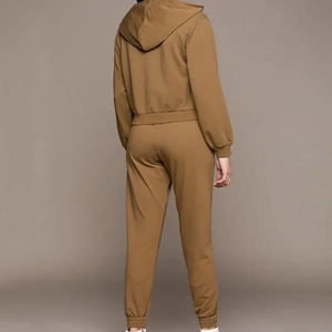 Ensemble sweat-shirt à capuche et pantalon de jogging marron unisexe, coupe ample décontractée, vêtements d'automne, tricoté, couleur unie, taille à cordon de serrage - Product Image 2