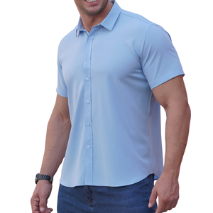 Camisa de Manga Corta para Hombre, Corte Slim, Informal, Ligera, Transpirable, Teñida con Hilo, Mezcla de Algodón Ecológico, con Logotipo Personalizado - Product Image 5