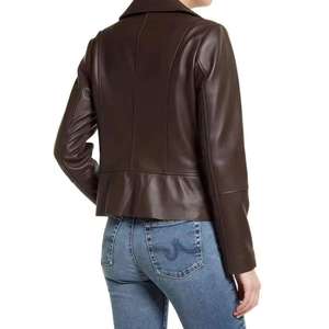 Chaqueta de Cuero Genuino para Mujer, Color Marrón Oscuro, Estilo Moto, Cierre Asimétrico, Corte Ajustado, Elegante, Chic, de Lujo, Estilo Biker, Ropa Urbana - Product Image 3