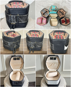 Hand Tooled Red & Black Checkered Leather Jewelry Box Cowhide Leather Jewelry Organizer Earrings and Necklaces Case for Women's - Product Image 3