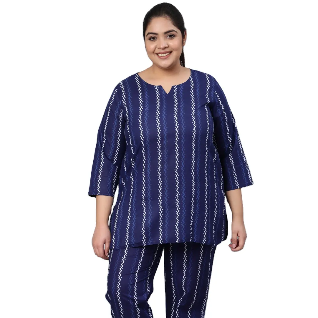 2023 new arrivals women's undefined Women Navy Blue Cotton Printed Lounge Wear Short Kurti With Bottom Best Top Selling