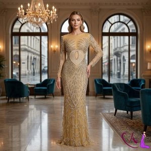 ชุดราตรีทรงเมอร์เมดประดับประดาหรูหรา |   ชุดเดรสทรงเข้ารูปประดับลูกปัดสีนู้ดอิลลูชั่น |   ชุดเดรสออกงานแขนยาวสำหรับผู้หญิง ดีไซน์เนอร์ E - Product Image 1