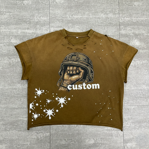 Camiseta de Manga Larga con Estampado DTG Personalizado, Efecto Salpicado, 2 Piezas, Tejido Grueso, Lavado Ácido, Efecto Desgastado por el Sol, Bajo sin Rematar, Textura Waffle - Product Image 3