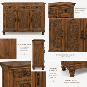 Custom Handcrafted Eco-Friendly Traditional Warm Brown Solid Mango Wood Floral Carved <b>Sideboard</b> Cabinet 3 Drawers 3 Doors Luxury - Product Image 3