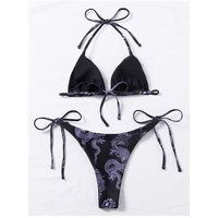 Seksi Stil Leopar Desenli Paisley Halter ve Bağcıklı Hızlı Kuruyan Kadın 2 Parça Bikini Takımı (Mikro Sütyen ve Brezilya Altı)