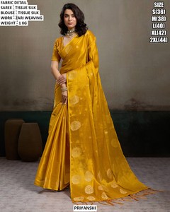 PRIYANSHI Tissue Silk Saree Zari Weaving Pink Yellow <b>Blouse</b> for Women Wedding Wear Regular Fit Floor Length Wrinkle-Free - Product Image 2