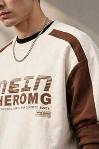 เสื้อสเวตเชิ้ตคอกลมสีเบจ-น้ำตาลสำหรับผู้ชาย แขนยาว สไตล์ลำลอง ตกแต่งด้วยผ้าแบบ Patchwork - Product Image 5