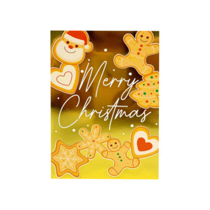 Tarjeta de felicitación navideña de papel con diseño de hombre de jengibre, estampado dorado y diseño tradicional - Product Image 1