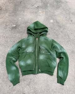 Custom Acid Wash Cropped Zip Up Hoodie with Script Embroidery Oversized Fit Heavyweight Fleece Streetwear Hoodies Manufacturer - Product Image 1