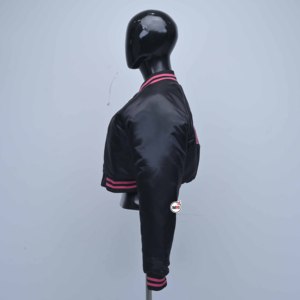 Black Womens <b>Quilted</b> Satin Bomber <b>Jacket</b> Pink Trim Full Sleeve Zipper Closure Leopard <b>Pattern</b> Turn-down Collar Regular Winter - Product Image 4