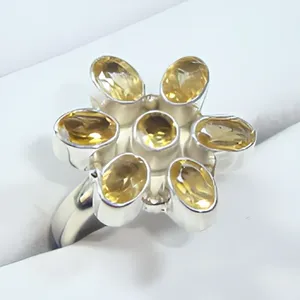 Élégante bague en argent sterling 925 avec grappe de pierres multicolores en citrine, bijou de cocktail fait main en pierres précieuses dorées pour femme - Product Image 1
