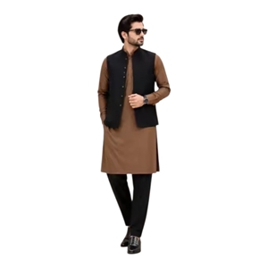 <b>Men's</b> Brown Cotton <b>Kurta</b> With Black Vest Traditional Casual Wear Ankle-Length Regular Fit Indian Pakistani Style - Product Image 5