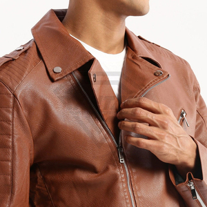 Premium Custom Brown Faux Leather <b>Biker</b> <b>Jacket</b> Men Stylish Slim Fit Moto Coat Wholesale High Quality Synthetic Leather Outwear - Product Image 5