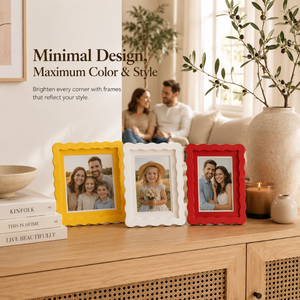 Colorful Scalloped <b>Wooden</b> Photo <b>Frame</b> Set | Modern Decorative Tabletop <b>Picture</b> <b>Frames</b> | Yellow, White & Red <b>Picture</b> <b>Frames</b> Home - Product Image 4