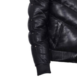 Blouson aviateur en cuir noir pour homme, col montant, fermeture éclair, doublure en fausse fourrure, coupe-vent, manteau d'hiver - Product Image 6