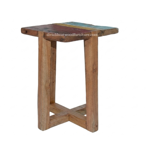 Taburete Cuadrado de Madera de Barco Reciclada Sostenible con Diseño de Patas en X, Muebles de Madera de Bali Ecológicos para Interiores y Exteriores - Product Image 5