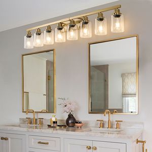 Lampada da Bagno Moderna in Ferro Dorato da 51 Pollici, Applique a 8 Luci con Paralumi in Vetro Trasparente per Specchio del Bagno - Product Image 2