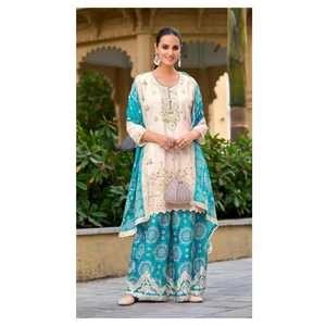 Hermoso conjunto de fiesta de chifón 100% algodón con top y sharara con trabajo artesanal de espejos reales, incluye dupatta. - Product Image 1