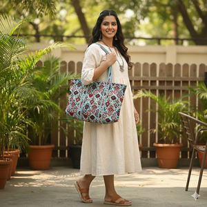 Sac fourre-tout matelassé en coton écologique bleu aqua à motif tribal Ikat cœur, large, réutilisable, pour le shopping, les voyages et comme sac à main - Product Image 2