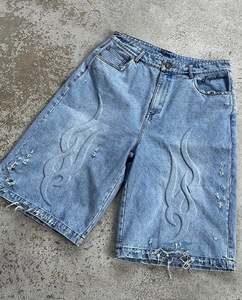 <b>Men</b> Summer Mid Waist Embossed Logo 3/4 Length <b>Bermuda</b> Denim <b>Shorts</b> Breathable Windproof Streetwear Vintage Hip Hop - Product Image 1