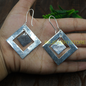 Boucles d'oreilles pendantes carrées géométriques en argent sterling 925, minimalistes, creuses, faites à la main, bijoux de mode pour femmes - Product Image 3