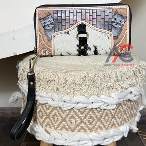 Cartera de mano de cuero genuino hecha a mano con diseño de gato, monedero de piel de vaca con cremallera, bolso de mano elegante de cuero repujado para mujer, regalo - Product Image 1