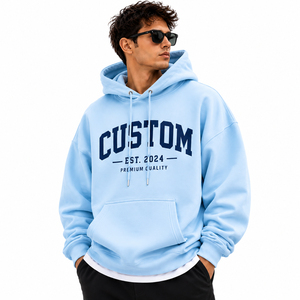 เสื้อฮู้ดผู้ชายสีฟ้าอ่อนทรงโอเวอร์ไซส์ ผ้าฝ้ายฟลีซ สวมใส่สบาย พิมพ์ลายด้านหน้า มีกระเป๋า ดีไซน์สำหรับใส่ในฤดูใบไม้ร่วง - Product Image 1