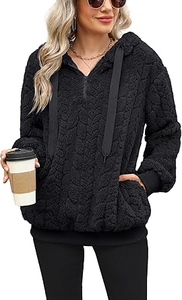 เสื้อฮู้ดผู้หญิงสีดำผ้าเชอร์ปาแบบซิปพร้อมเชือกผูก - Product Image 5