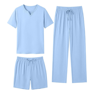 Conjunto de camiseta y pantalones cortos casuales de verano para hombre, cuello en V, color sólido, tejido de algodón y spandex, transpirable. - Product Image 3