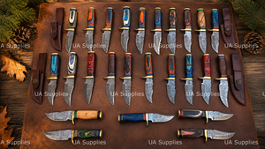 Cuchillo de caza de hoja fija de acero de Damasco forjado a mano DIY OEM de venta caliente con mango de madera Pakka y funda de cuero, afilado como una navaja. - Product Image 2