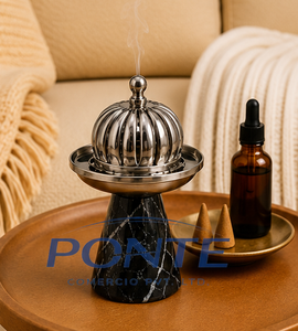 Brûleur d'encens en marbre noir avec couvercle en laiton antique à dôme cannelé, élégant encensoir en métal pour la maison, le bureau et la méditation - Product Image 6