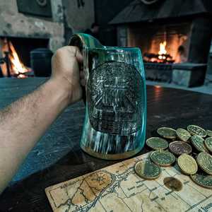 Handcarved Viking Ship Drinking Horn Mug Ox Horn Cup with Wooden Base for Display and Use At <b>Cheap</b> Price - Product Image 3