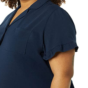 Conjunto de 2 Piezas para Mujer, Color Azul Marino, Camiseta de Manga Corta con Botones, Corte Holgado, Informal, Primavera-Verano, Algodón y Fibra de Bambú, Color Sólido - Product Image 5