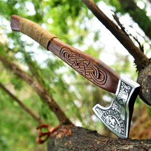 Custom Viking Axe Handmade Hand Forged Hatchet Norse <b>Style</b> Steel <b>Head</b> Wooden Handle Bushcraft Camping OEM ODM Manufacturer - Product Image 3