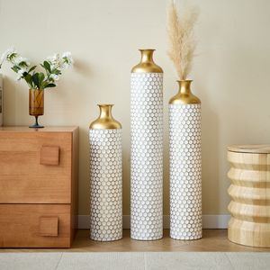 Modern Style <b>3</b>-Piece Home Decoration <b>Set</b> Glazed White Metal <b>Vase</b> with Droplet Design Large and Gorgeous Floor <b>Vase</b> - Product Image 3