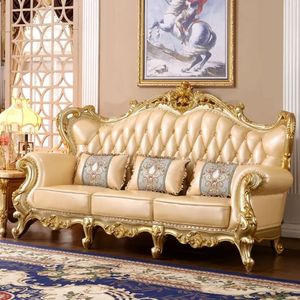 Ensemble de canapé-lit en bois d'acajou classique européen Plaza avec revêtement en tissu crème doré écologique, durable et confortable - Product Image 2