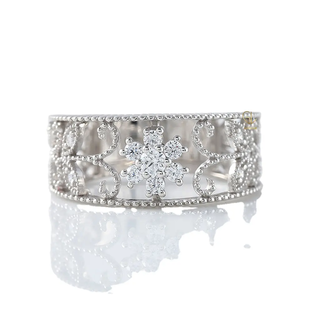Neues Design Vintage Art-Déco-Ring, florale Filigrane Blatt-Inspirations-Moissanit-Erzeugungsring, runder Moissanit-Diamant-Milchkörnchen-Ring