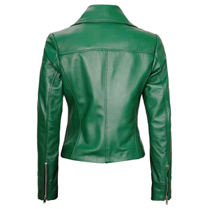 Chaqueta de Motociclista de Cuero Genuino para Mujer, Cuello Extendido, Manga Larga, Cierre de Cremallera, Color Sólido, Otoño - Product Image 5