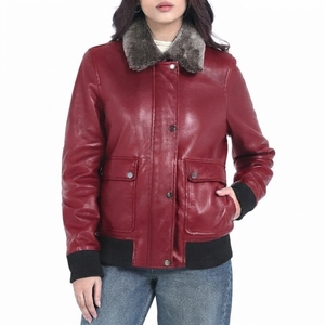 <b>Women's</b> Genuine Sheepskin <b>Bomber</b> <b>Jacket</b> With Fur Collar Full Sleeve Winter <b>Leather</b> Coat Solid Color Patch Pockets - Product Image 5