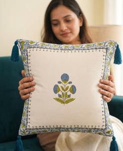 Block-Print Floral Motif Plain Tasseled Square <b>Cushion</b> <b>Cover</b> in Off-White <b>Blue</b> Green Home & Hotel Use 100% Cotton 18X18 - Product Image 3