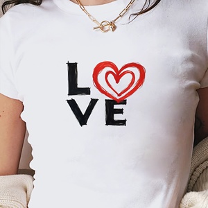 Camiseta corta con cuello redondo estilo Y2K Heart LOVE para mujer, tela de punto de LICRA/poliéster ajustada con patrón impreso - Product Image 1