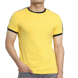 Camiseta de Manga Corta con Cuello Redondo para Hombre, Color Amarillo, con Ribete en Contraste, Corte Ajustado, Diseño Casual de Punto en Color Sólido - Product Image 4