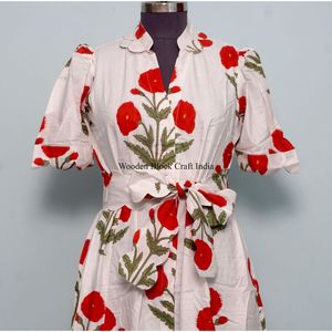 Vestido Midi de Algodón 100% para Mujer, Ecológico, Lavable, Transpirable, con Botones en la Espalda, Estampado, Cuello en V, Manga Corta - Product Image 4