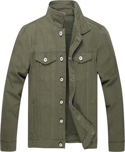 Men's Olive Green <b>Denim</b> Jacket Stand Collar Casual Slim Fit Single Breasted Button Closure Washed Cotton <b>Material</b> - Product Image 1