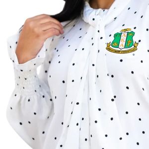 Chemisier à pois AKA pour femme, manches longues, col noué, blanc et noir, élégant, chic, décontracté, pour le bureau - Product Image 3