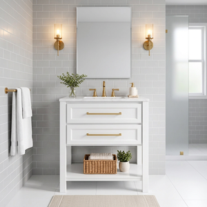 White Freestanding Bathroom Vanity With Two Drawers Modern Design Rectangular <b>Cabinet</b> Painted MDF Vintage Style Vanity - Product Image 3